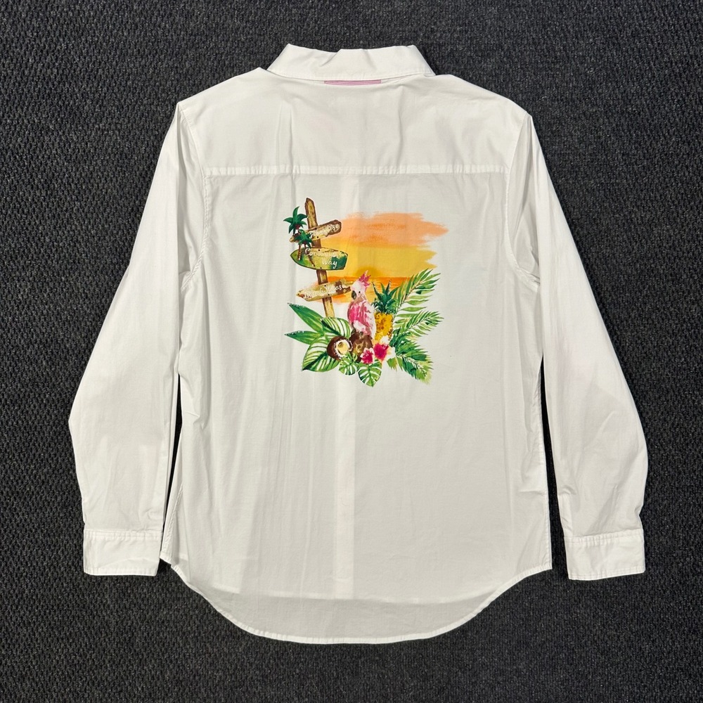Tommy Bahama Tropical Button Up Shirt Women M White Graphic Long Sleeve Vacation